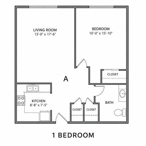 Floor plan for 1 bed, 1 bath, 575 sqft